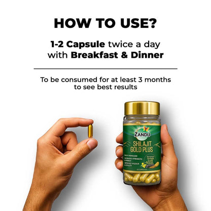 Zandu Shilajit Gold Plus supplement bottle with a capsule, on a white background