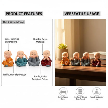 Buddha Monk Statues Set of 4 – Miniature Buddha Monk Statues for Home Decor and Gifts, Multicolour Resin Showpiece for Indoor | Cute Monk Figurines | Ideal Gift for Birthday