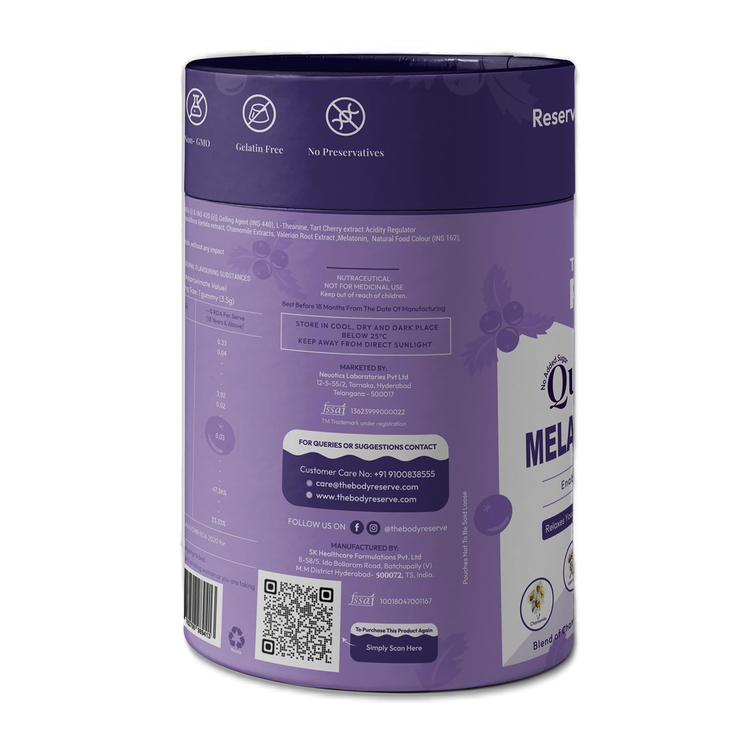 Purple and white supplement container with text and a QR code on a white background