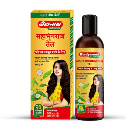 Baidyanath Mahabhringraj Tel | Ayurvedic Hair Oil | For Growth, Dandruff Control, and Hair Fall Prevention with 26 Exotic Herbs | Ayurvedic Medicated Oil | Zero Chemical & Synthetic Colour | 100 ml