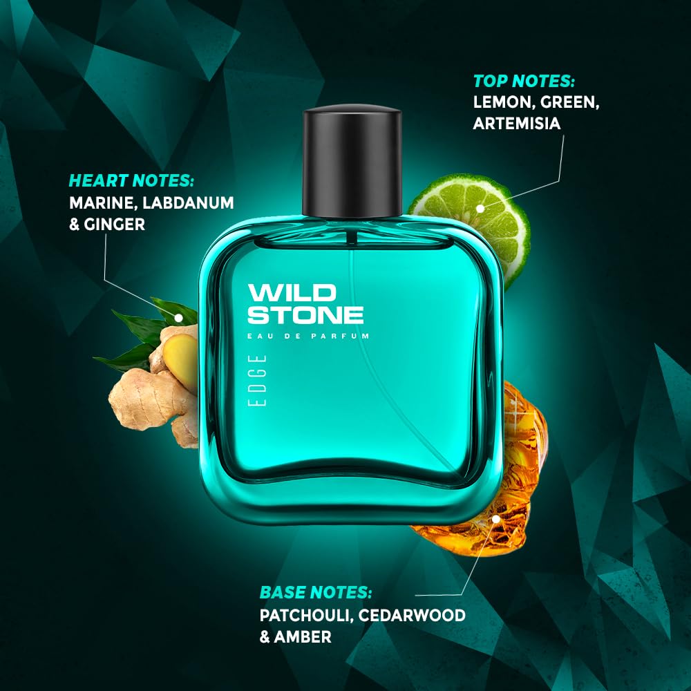 Wild Stone perfume bottle with flavor notes on a dark green background