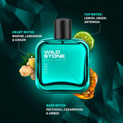 Wild Stone perfume bottle with flavor notes on a dark green background