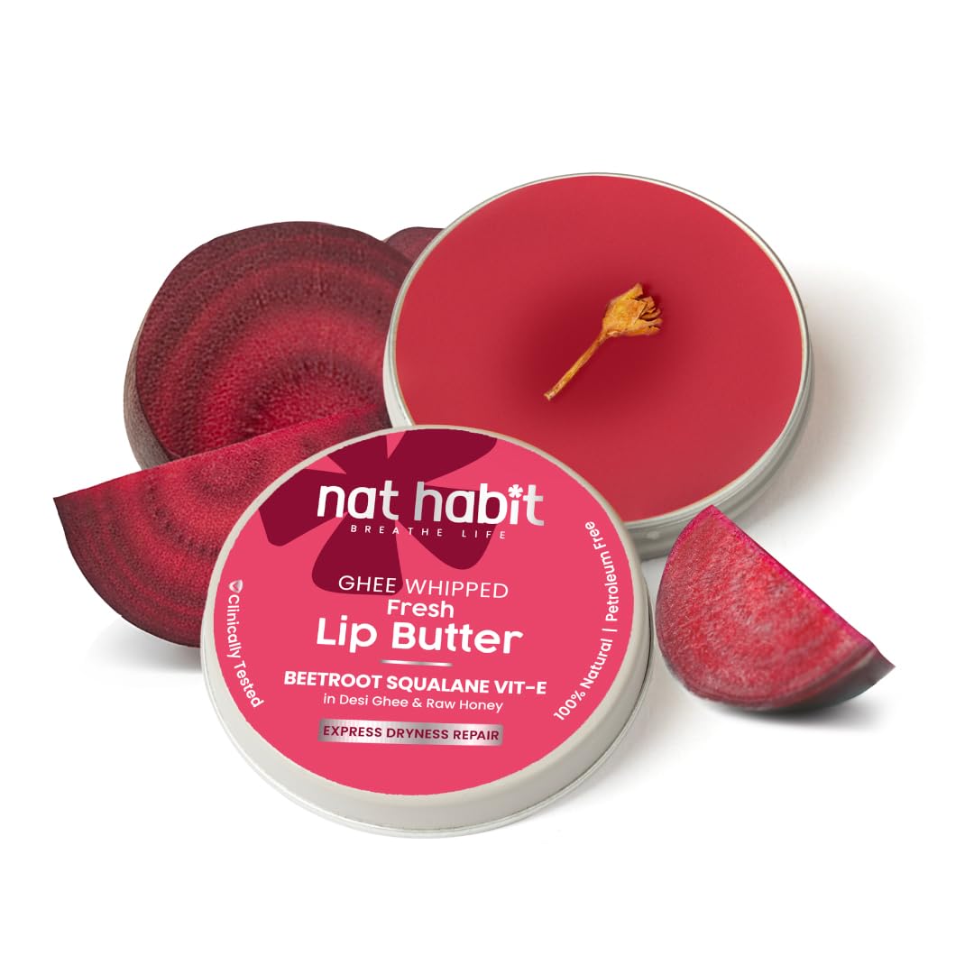 Nat Habit Lip Butter with Fresh Beetroot, Squalane, Desi Ghee & Raw Honey | Natural Lip Balm for Pink Lips, Intense Nourishment & Chapped Lips | 10g