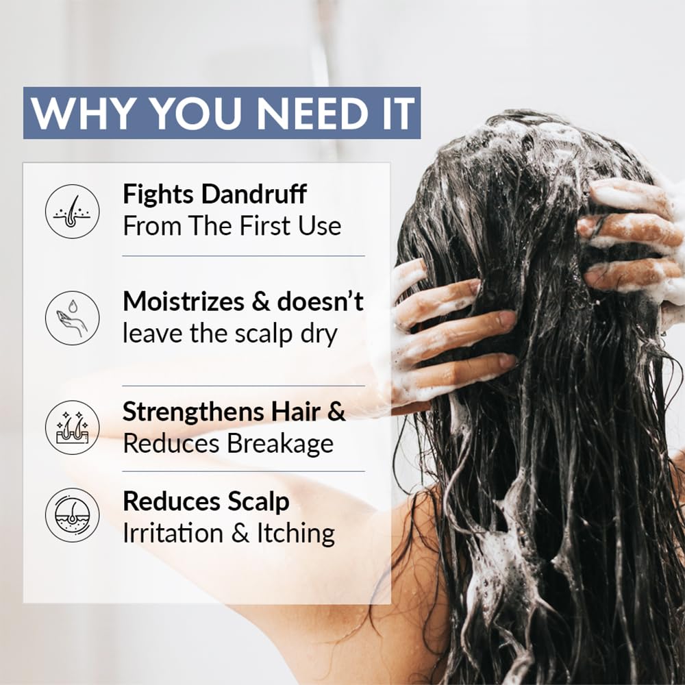 Person washing hair with text highlighting benefits on a white background