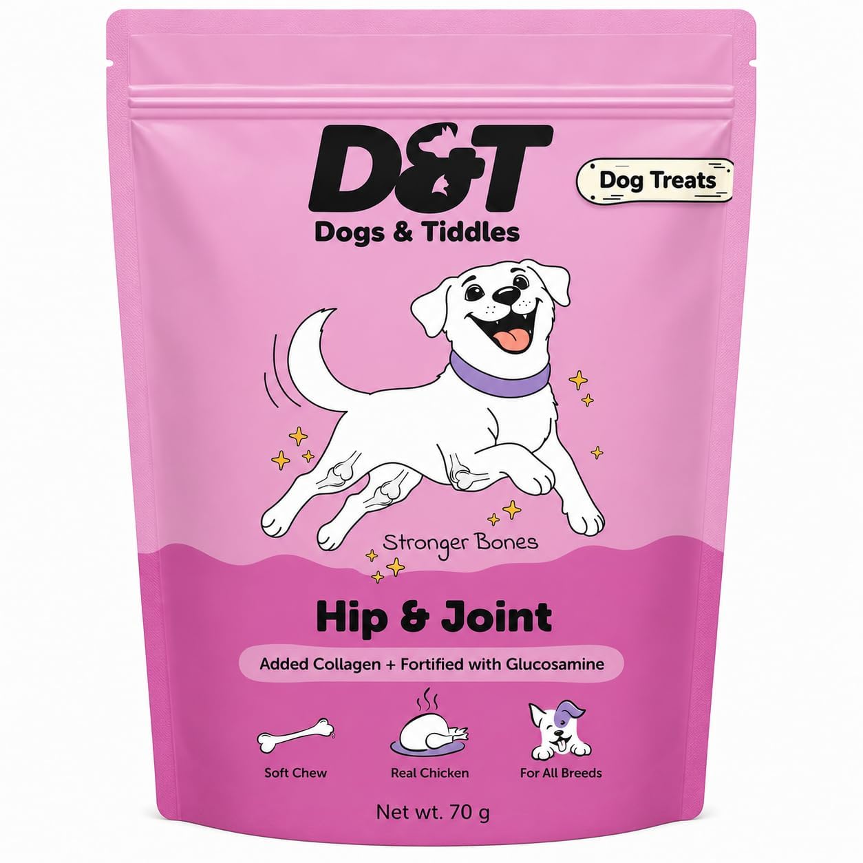 Dogs & Tiddles Hip & Joint Dog Treats for Puppies & Adult Dogs, 70g | Soft & Chewy Real Chicken Treats | with Collagen, Glucosamine & Chondroitin | Supports Mobility
