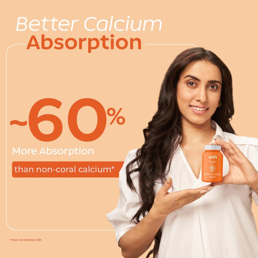 Arth Calcium and Vitamin D3 Tablets for Men & Women - 60 Veg Tablets | Supports Bone, Joint & Muscle Function | 1000mg Coral Calcium with 60% Higher Absorption & 600 IU Vitamin D3