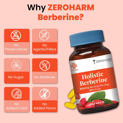 ZEROHARM Holistic Nano Berberine Supplement 98% Pure | Plant-based Berberine Tablets with 800mg per serving | Supports Blood Sugar, Metabolism, Cholesterol Levels & Hormonal Balance | 60 Tablets