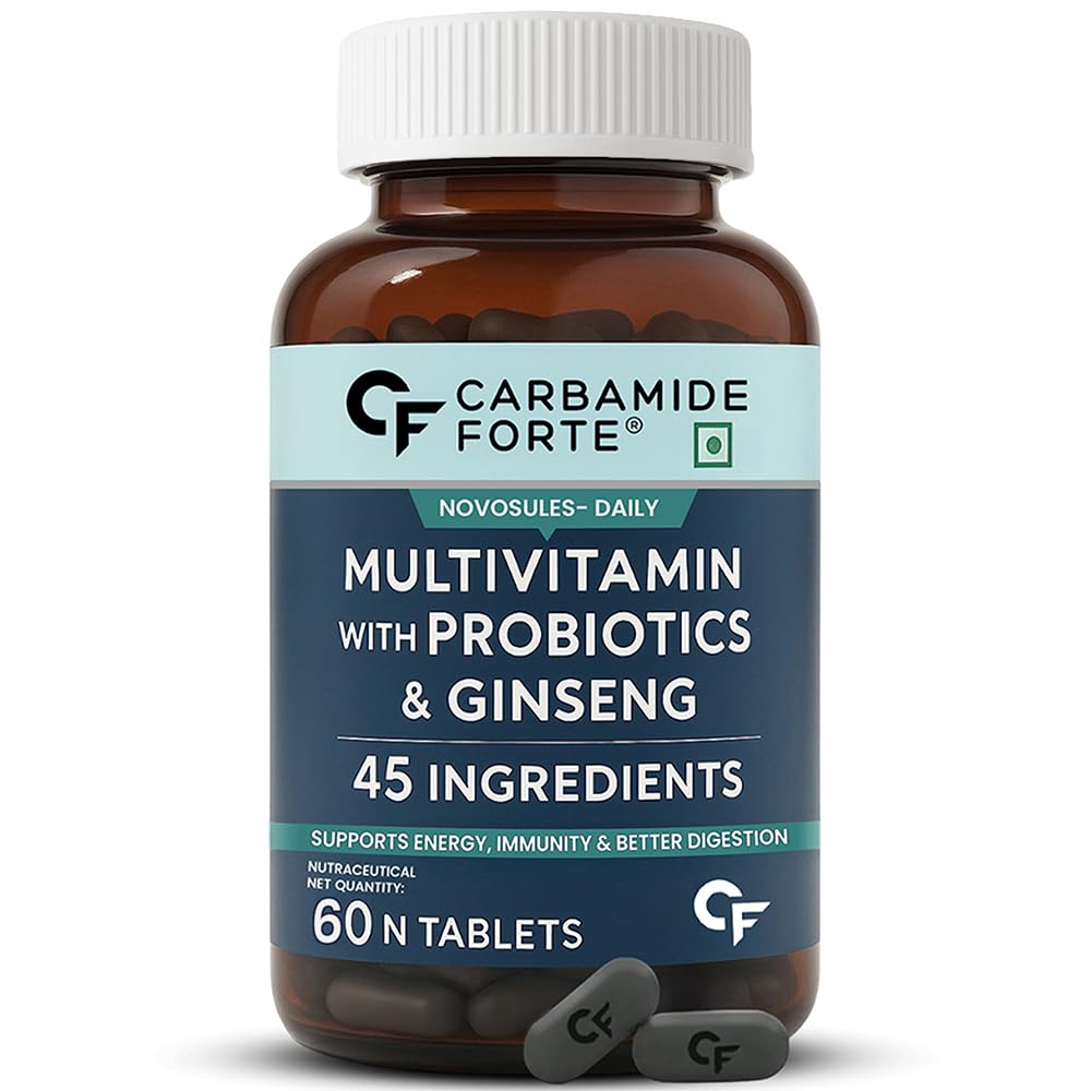 Bottle of Carbamide Forte multivitamin with probiotics and ginseng on a white background