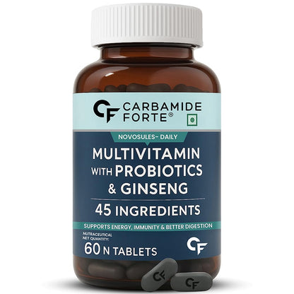 Bottle of Carbamide Forte multivitamin with probiotics and ginseng on a white background