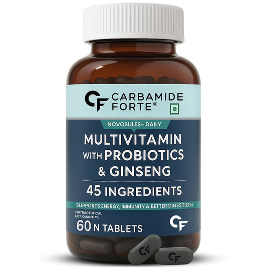 Bottle of Carbamide Forte multivitamin with probiotics and ginseng on a white background