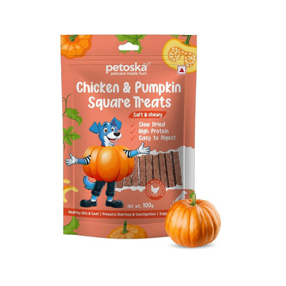 Petoska Chicken & Pumpkin Square Sticks – 100gms | Healthy & Tasty Dog Chews | Real Chicken & Pumpkin | Supports Digestion & Immunity | Dogs of All Breeds