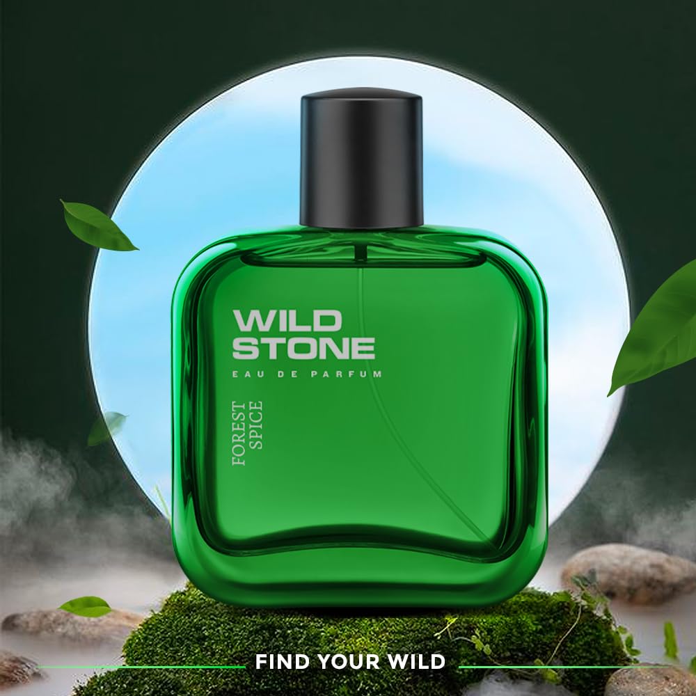 Green Wild Stone perfume bottle with nature-themed background