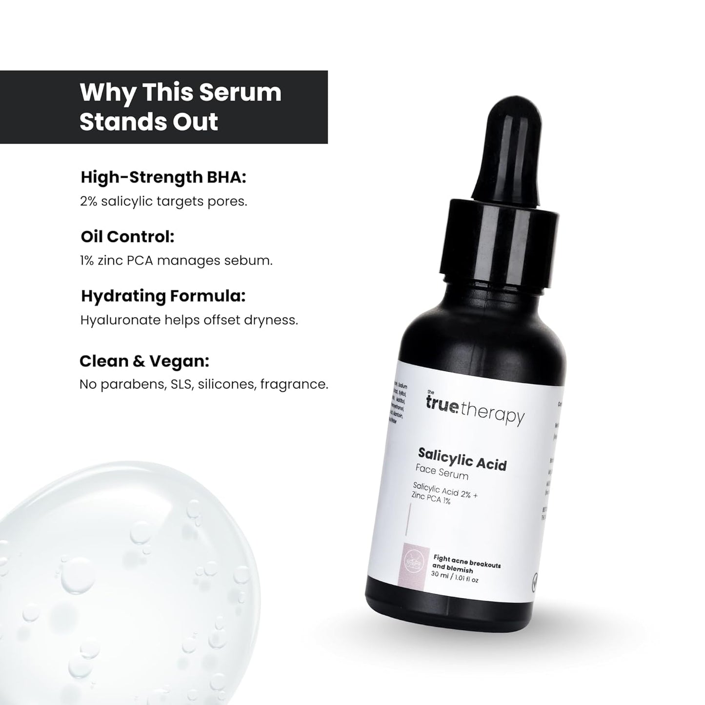 The True Therapy 2.0% Salicylic Acid with Zinc PCA Face Serum for Acne Prone Skin to Treat Acne, Blackheads, Dark Spot, Reduces Blemishes, Excess Oil, Breakout and Enlarge Pores - 30 ml