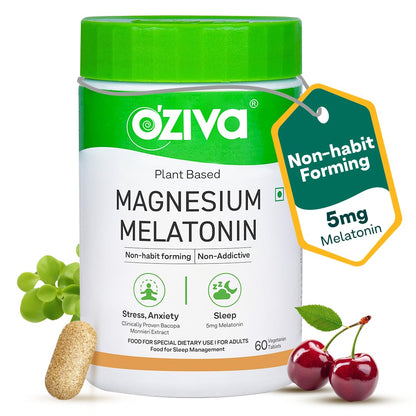 Oziva Magnesium Melatonin For Stress, Anxiety & Sleep | With Bacopa Monnieri Extract | Non-Addictive, Non-Habit Forming | 60 Vegetarian Tablets