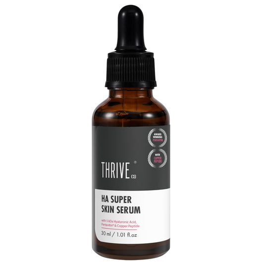 Brown bottle of THRIVE HA Super Skin Serum on a white background