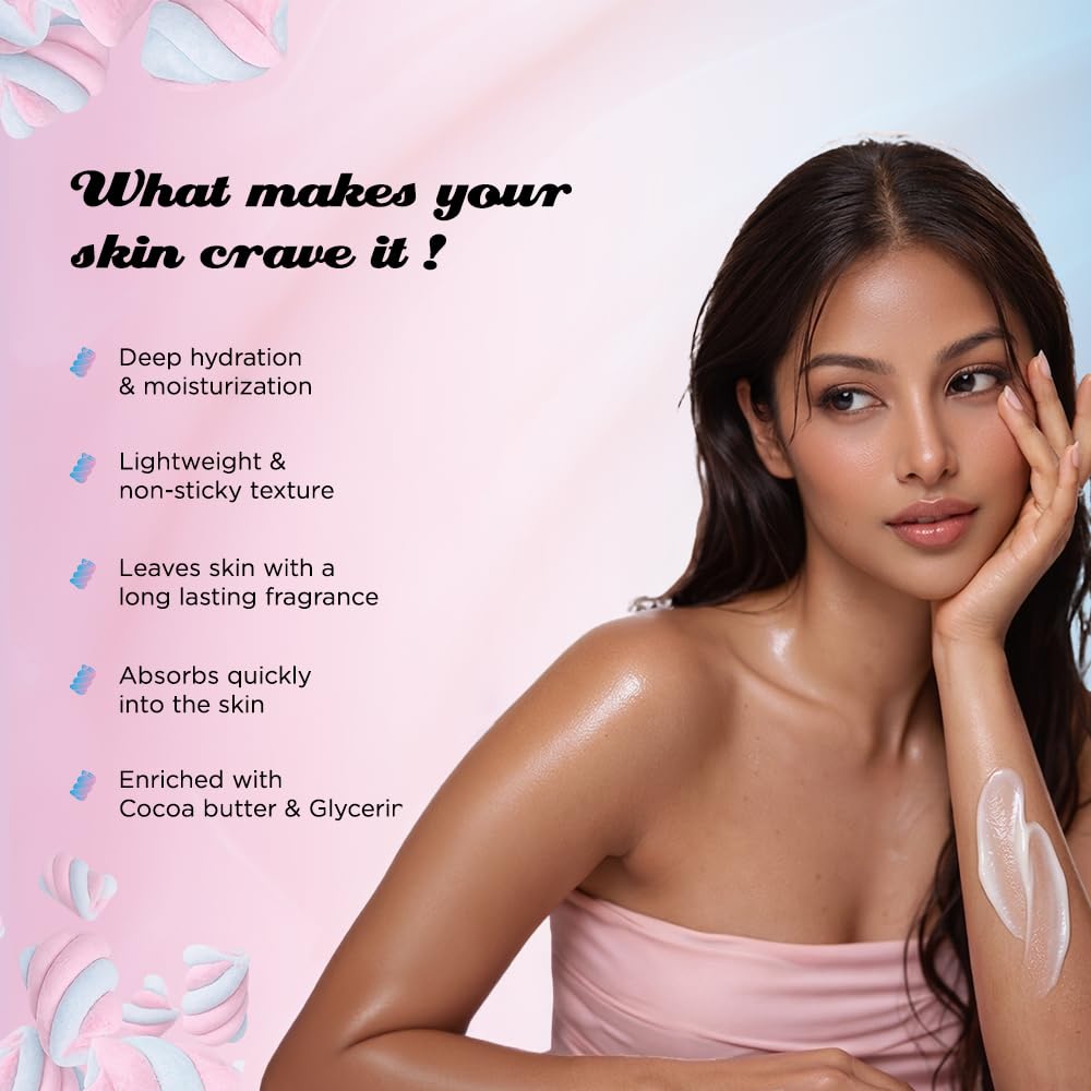 Woman with moisturized skin against a pink background with product features listed.