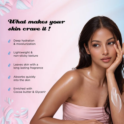 Woman with moisturized skin against a pink background with product features listed.