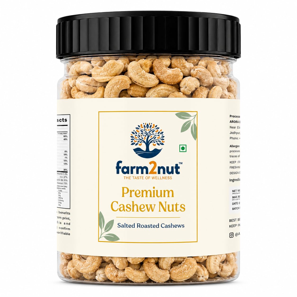 farm2nut Oven Roasted & Salted Cashew Nuts | Crunchy Whole Kaju | Oil-Free & Low Sodium Dry Roasted Cashews | Healthy Vegan Protein Snack | Jumbo Size Premium Cashews