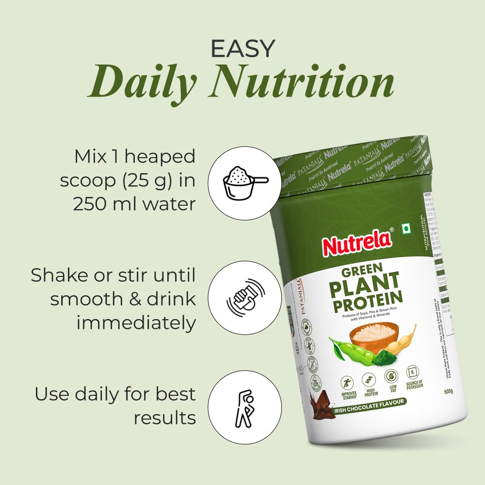 Nutrela Green Plant protein Powder - 500g (Chocolate) | Brown Rice & Pea with Multivitamins & Minerals