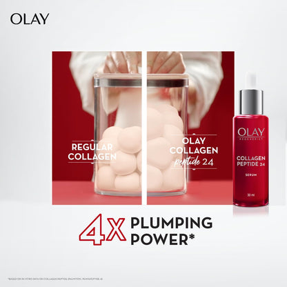 Olay collagen product comparison with serum bottle on a white background