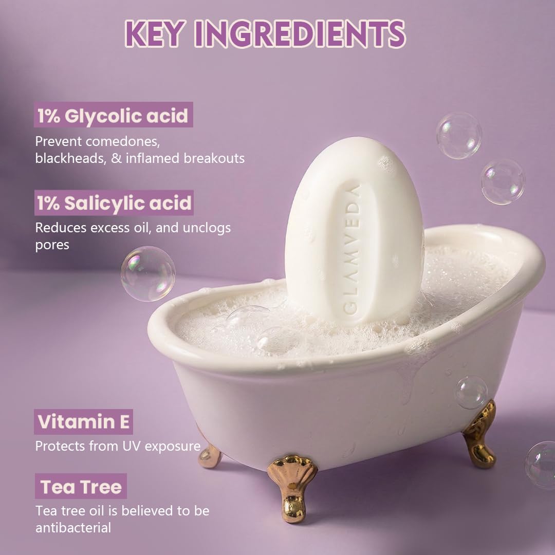 Glamveda Anti Acne 1% ww Glycolic Acid & 1% ww Salicylic Acid Soap | Reduces Dark Spots, Acne Scars & Hyperpigmentation - 75gm Pack of 1
