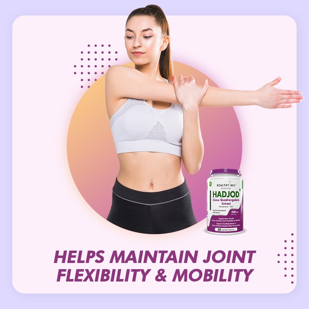 Woman stretching with a supplement bottle labeled 'HADJOD' on a gradient background