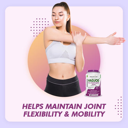 Woman stretching with a supplement bottle labeled 'HADJOD' on a gradient background