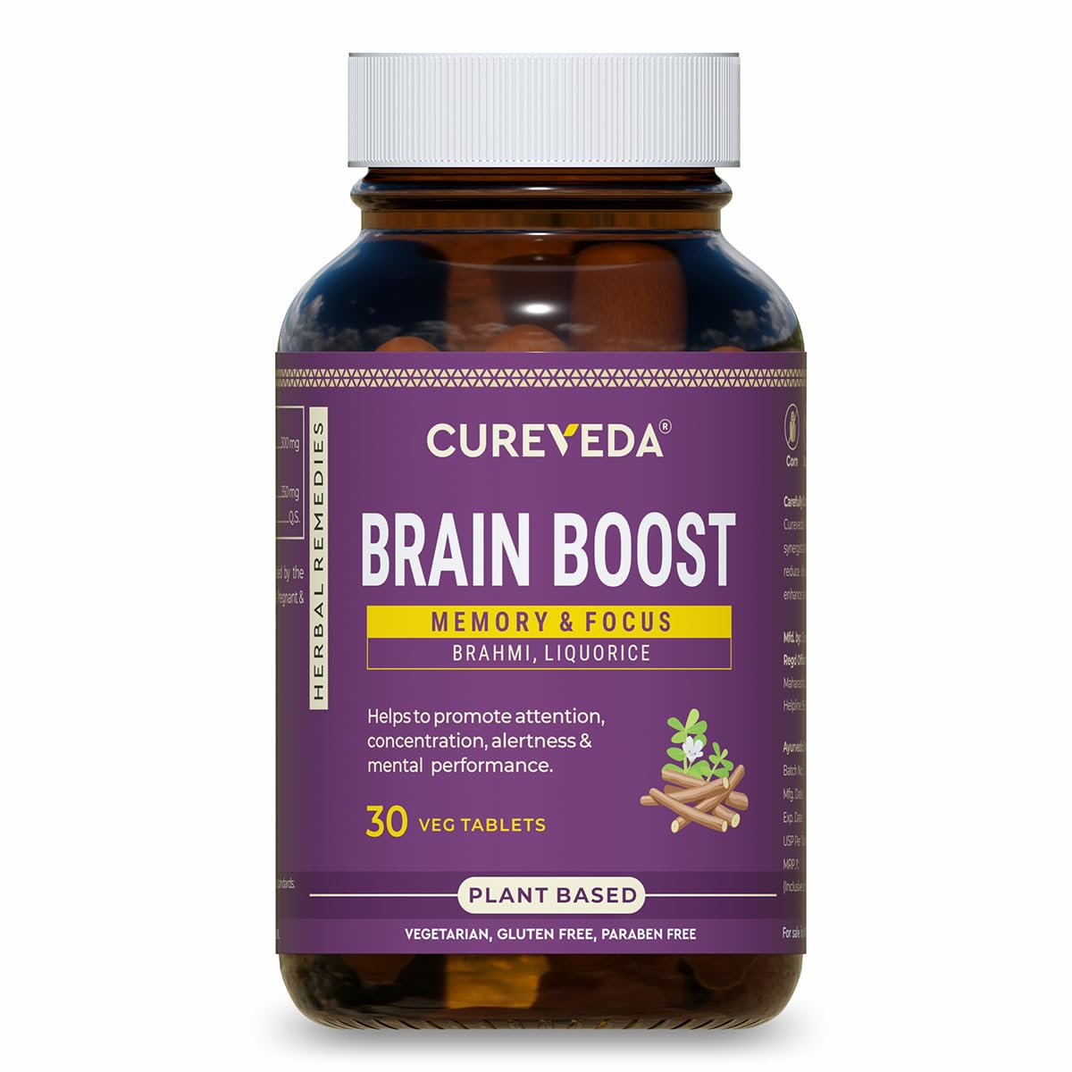 Cureveda Brain Boost supplement bottle on a white background