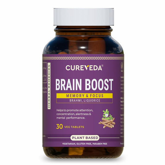 Cureveda Brain Boost supplement bottle on a white background