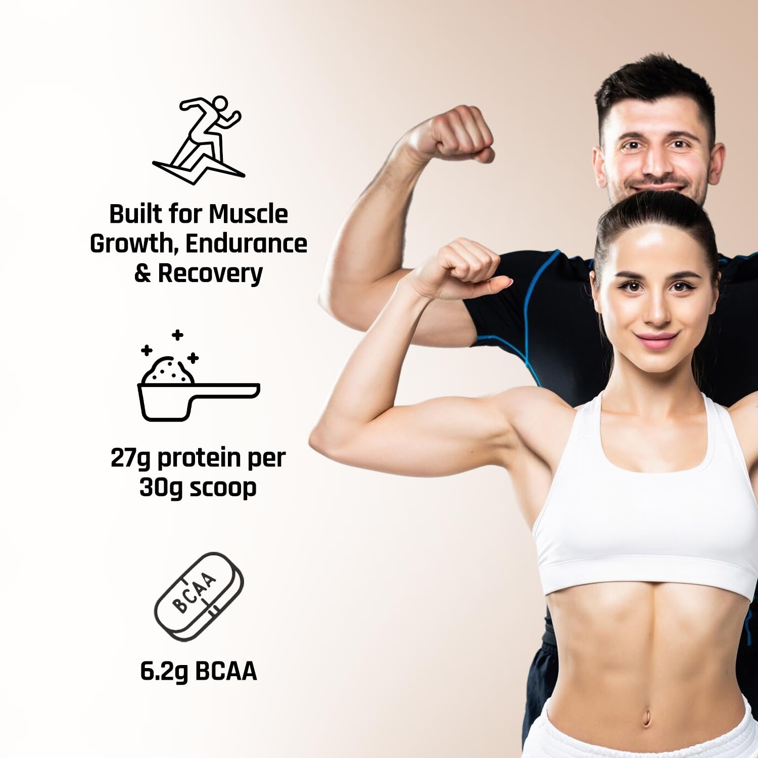 Two people flexing muscles with fitness product information on a beige background