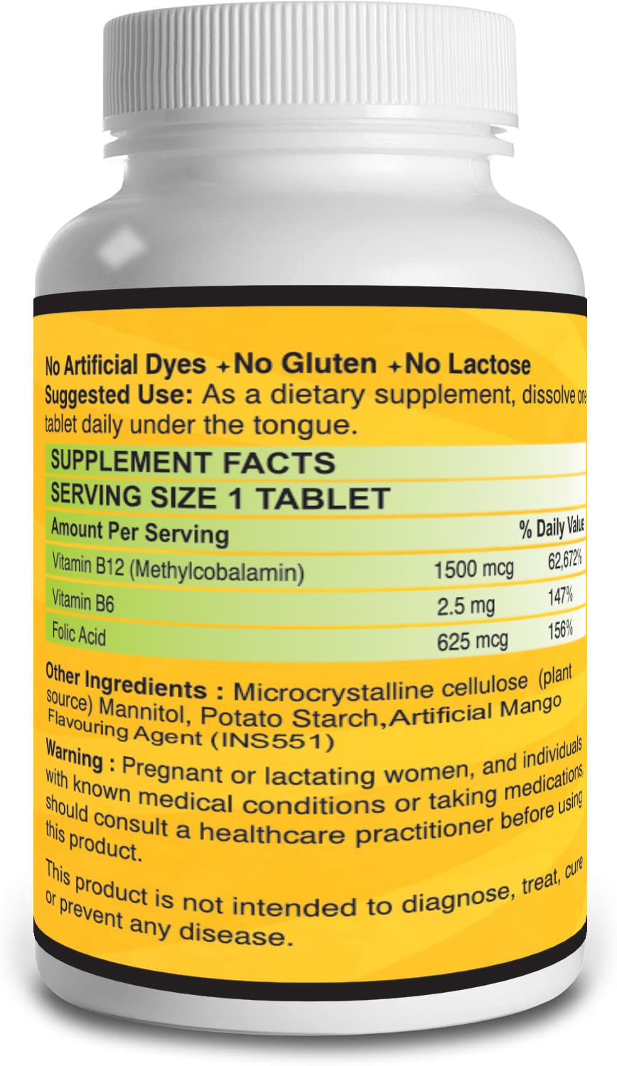 VITARUHE® Vitamin B12 High Dose+ B6/Folic Acid, 365 Tablets Methylcobalamin & Sublingual for Maximum Effects, Vegan, 365 Tablets for 1 year Mango Flavour
