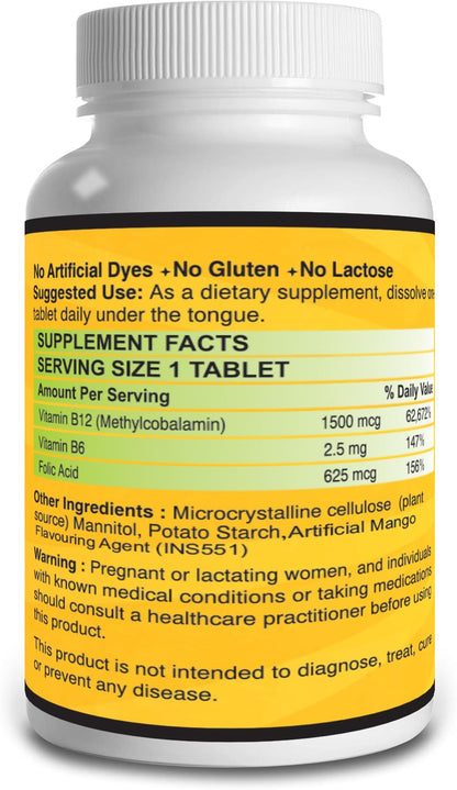 VITARUHE® Vitamin B12 High Dose+ B6/Folic Acid, 365 Tablets Methylcobalamin & Sublingual for Maximum Effects, Vegan, 365 Tablets for 1 year Mango Flavour