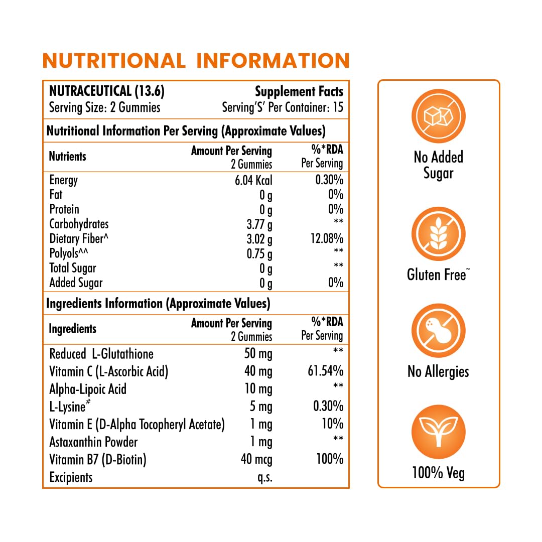 NATURYZ L-Glutathione with Biotin 2-in-1 Gummies | Vitamin C, Vitamin E & Astaxanthin | Skin Glow, Brightening, Depigmentation, Hair Growth for Men & Women | No added sugar- 30 Gummies (Orange)