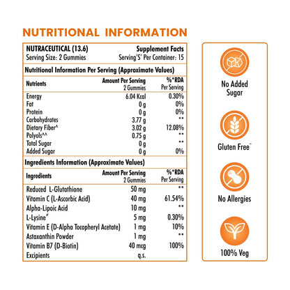NATURYZ L-Glutathione with Biotin 2-in-1 Gummies | Vitamin C, Vitamin E & Astaxanthin | Skin Glow, Brightening, Depigmentation, Hair Growth for Men & Women | No added sugar- 30 Gummies (Orange)
