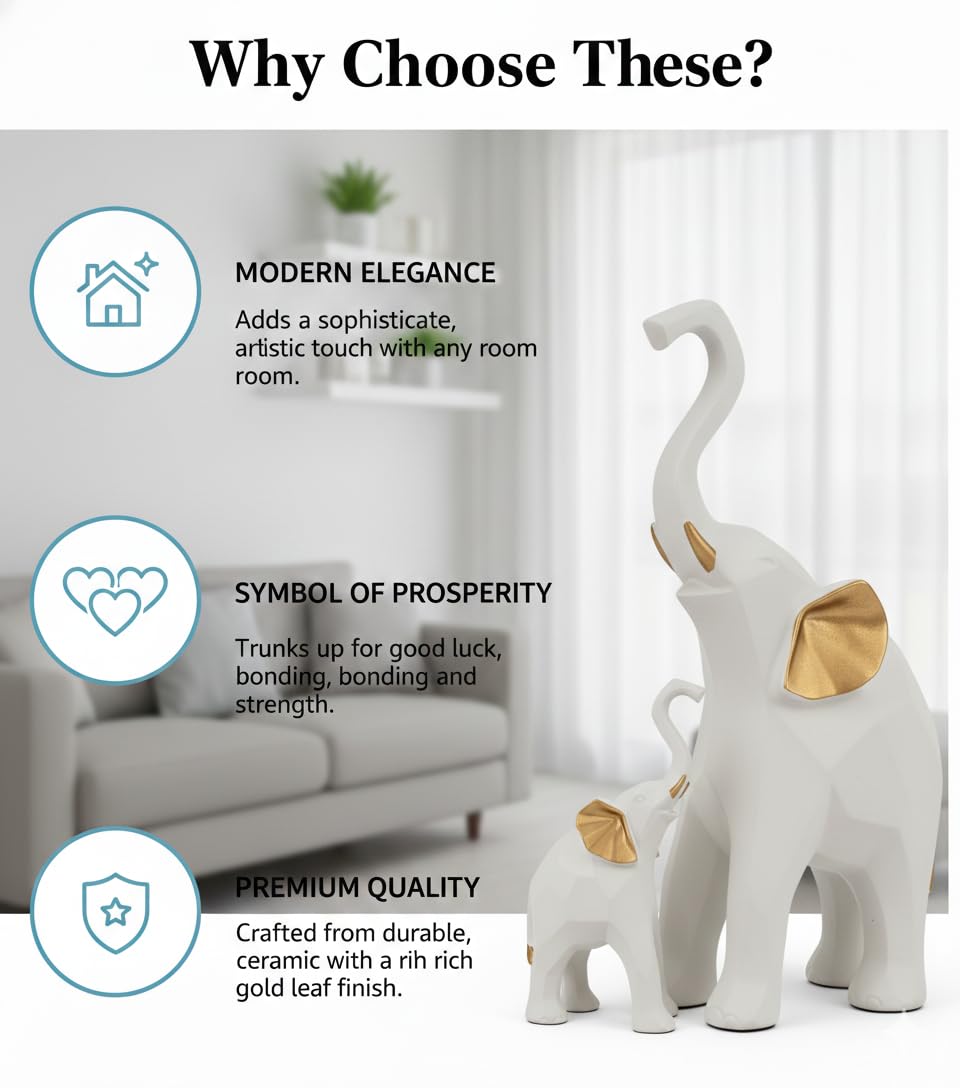 Decorative Elephant Figurines, Resin, 20 cm Height, Set of 2, Standing Statues Geometric Showpiece for Home Decor | Housewarming Gift (White Elephant)