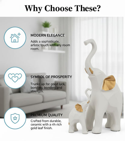 Decorative Elephant Figurines, Resin, 20 cm Height, Set of 2, Standing Statues Geometric Showpiece for Home Decor | Housewarming Gift (White Elephant)