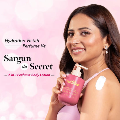 Woman holding a pink 2-in-1 perfume body lotion with a blurred pink background