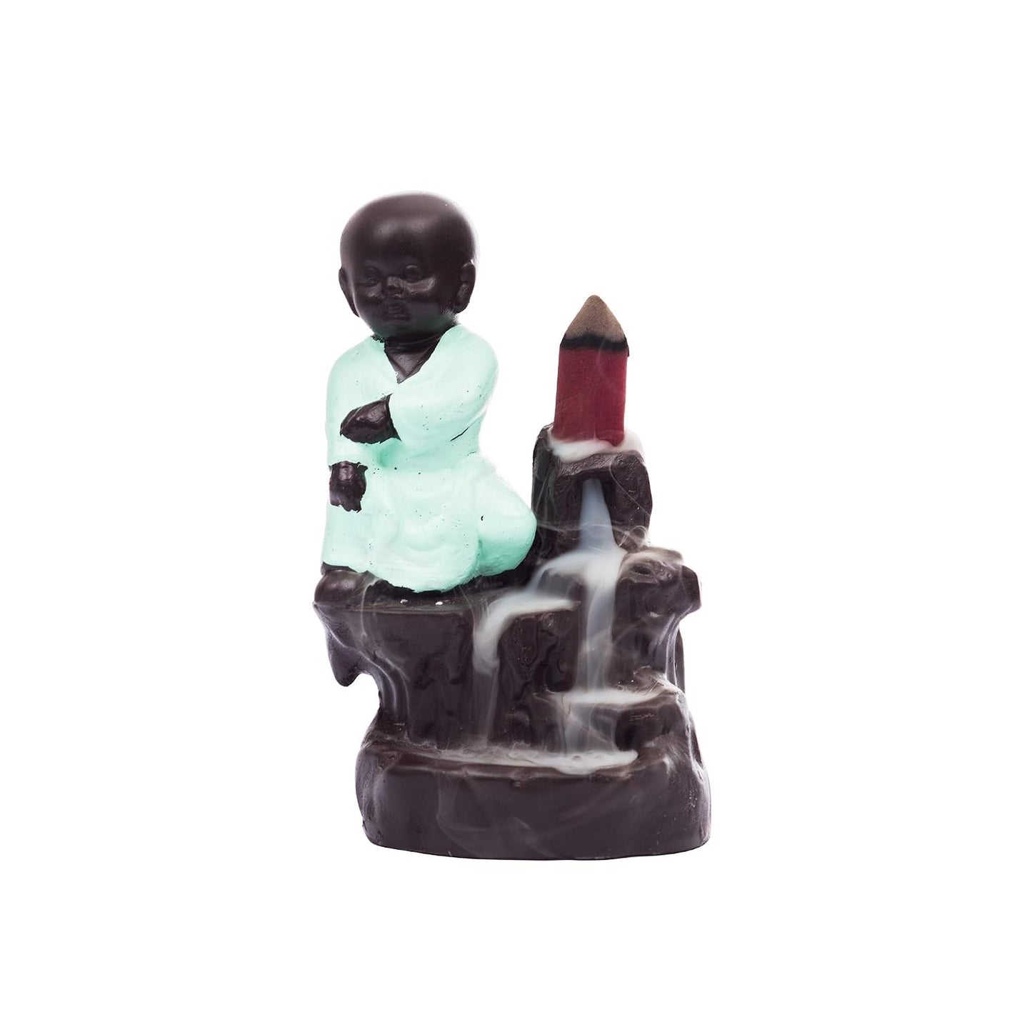eCraftIndia Polyresin Karate Style Monk Buddha Smoke Backflow Cone Incense Holder (7.01 cm x 7.01 cm x 11.98 cm, Green)