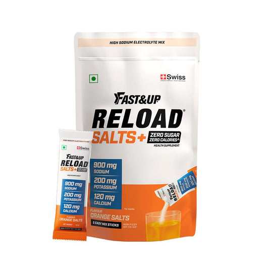 Fast&Up Reload Salts | High Sodium Electrolyte Drink Mix | 900mg Sodium | Zero Sugar, Zero Calories| 5 Electrolytes - Potassium, Magnesium, Calcium & Chloride | Instant Hydration | Vegan, No Preservatives | (5 Sachets, Orange)