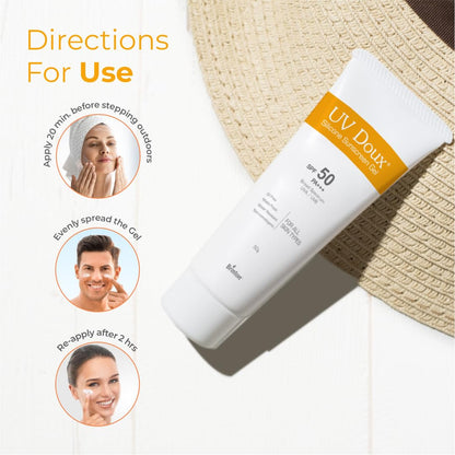 UV Doux Sunscreen Gel SPF 50 PA+++ | Broad Spectrum UVA & UVB | No White Cast | Benzene-Free | Dermatologist-Approved | Non-Comedogenic | Water-Resistant | For Oily, Acne & Sensitive Skin | 50 g