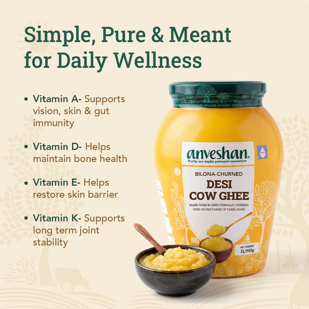 Anveshan A2 Cow Ghee 1 Litre | Traditionally Bilona-Churned, Danedar Ghee | Aromatic| NABL Lab Tested (70+ tests), Cruelty-Free | Grass-Fed | Glass Jar