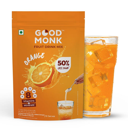 Good Monk Fruit Drink Mix (Natural Orange Powder), 50% Less Sugar with 8 Vitamins & Minerals (Vitamin B12, C, D, Iron & more) | Tasty, Healthy & Tangy Drink Mix for Hydration, Energy, Immunity, 10 Serves