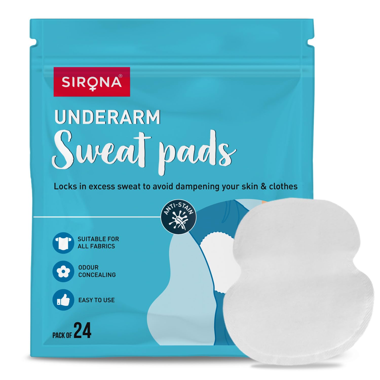 Sirona underarm sweat pads packaging with a white sweat pad on a blue background