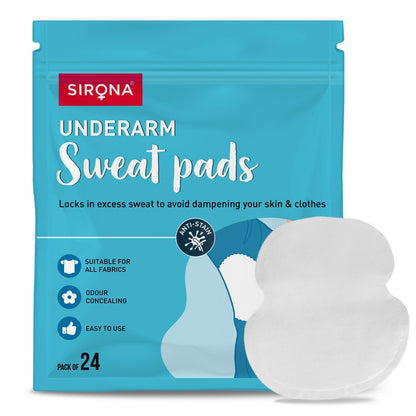 Sirona underarm sweat pads packaging with a white sweat pad on a blue background