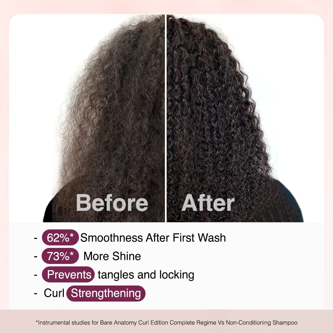 Before and after comparison of hair with text highlighting benefits of a shampoo product.