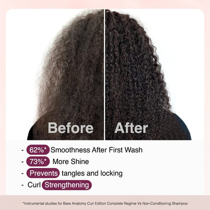 Before and after comparison of hair with text highlighting benefits of a shampoo product.