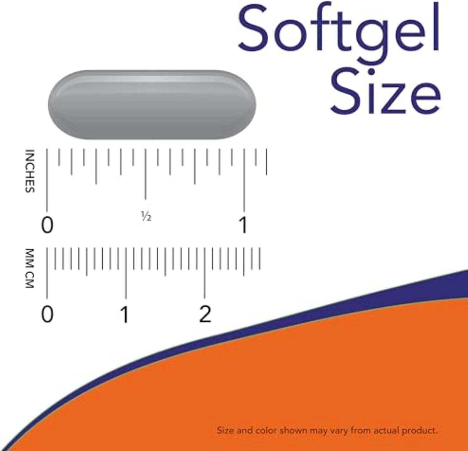 Measurement chart for softgel size with a gray softgel and ruler on a white background
