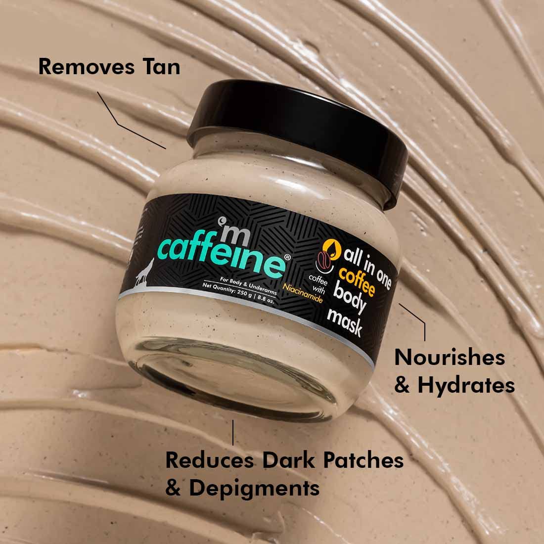 Jar of caffeine coffee body mask on a beige background with text highlighting its benefits.