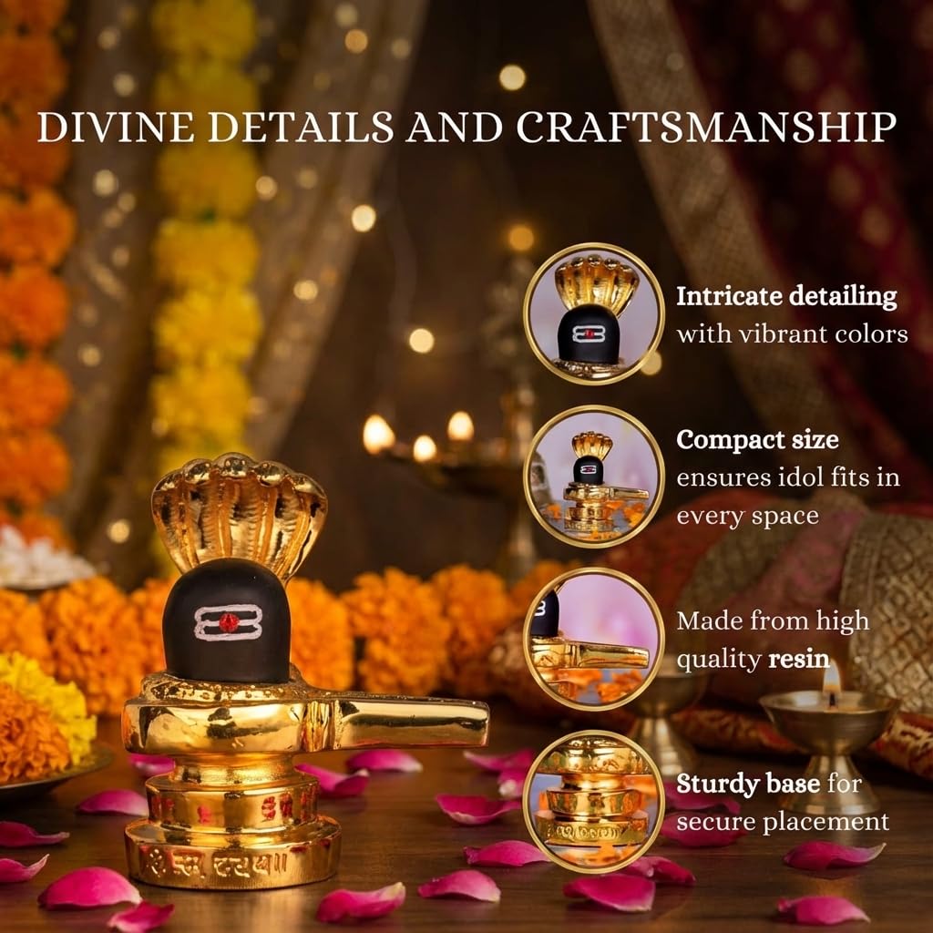 Resin Shivling Murti Statue Idols for Car Dashboard Pooja Temple Room Home Decoration & Festival Occasions Gifts (Gold) - 3 x 3 Inches - Pack of 1