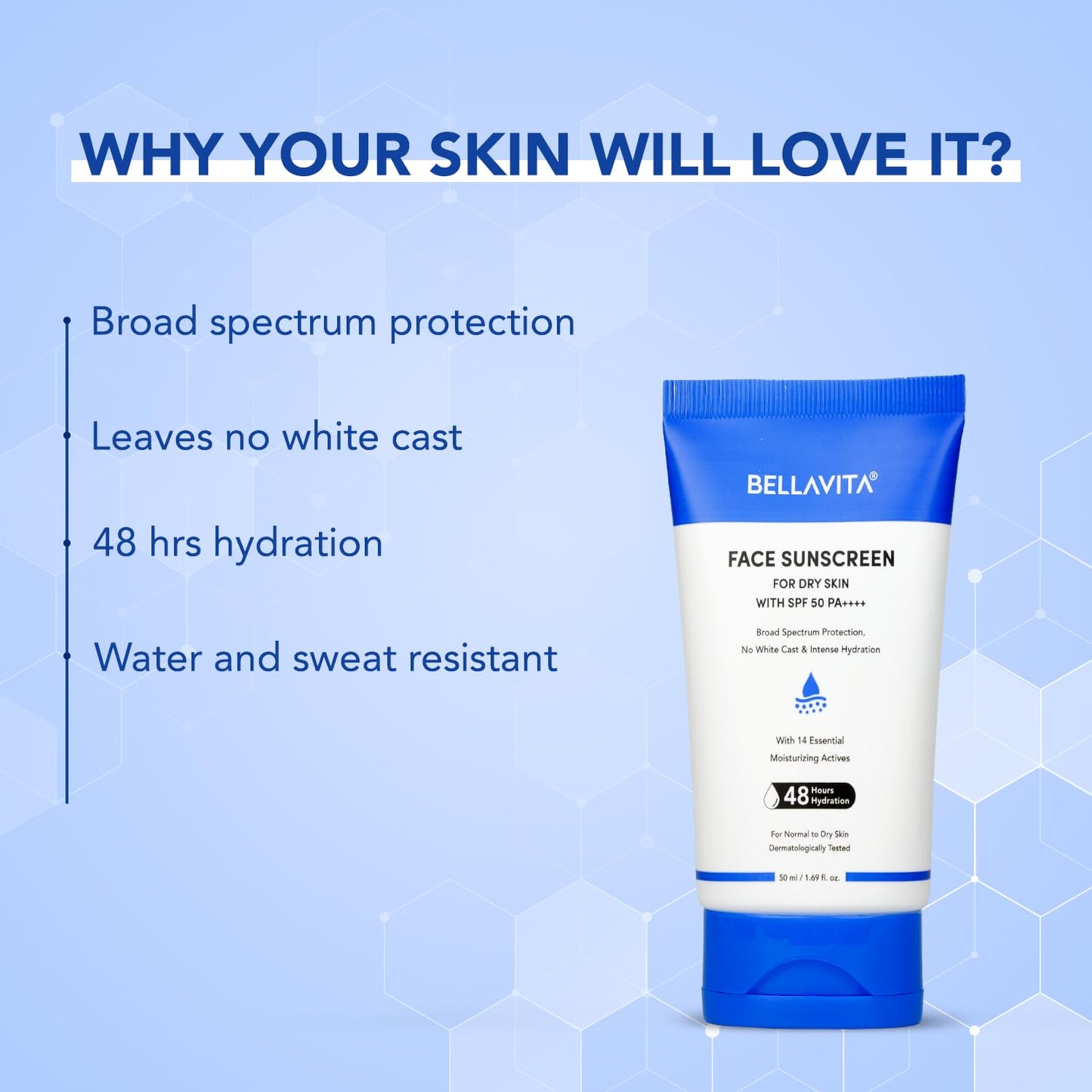 Bellavita face sunscreen tube with features listed on a blue background